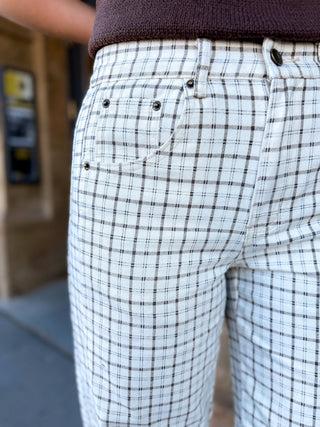Close-up of cream windowpane plaid barrel pants | V-Rae's Boutique