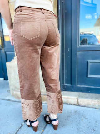 Back view of brown eyelet hem corduroy pants | V-Rae's Boutique