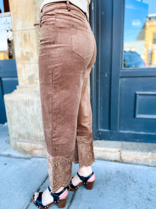 Side view of brown eyelet hem corduroy pants | V-Rae's Boutique