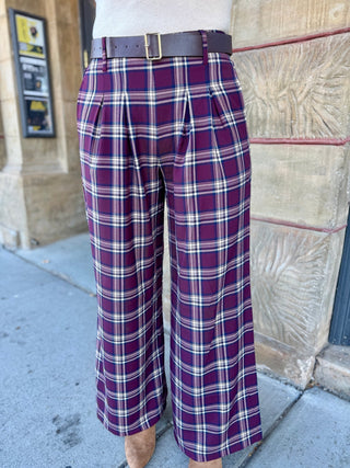 Front view of plum plaid belted wide-leg pants | V-Rae's Boutique
