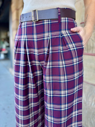 Close-up of the belt on plum plaid wide-leg pants | V-Rae's Boutique