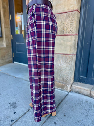 Side view of plum plaid wide-leg pants | V-Rae's Boutique