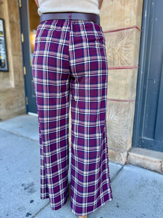 Back view of plum plaid wide-leg pants | V-Rae's Boutique