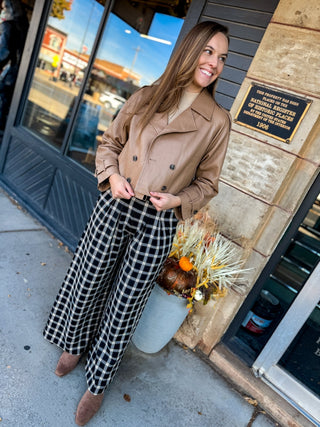 Black and white plaid wide-leg pants with a camel jacket | V-Rae's Boutique