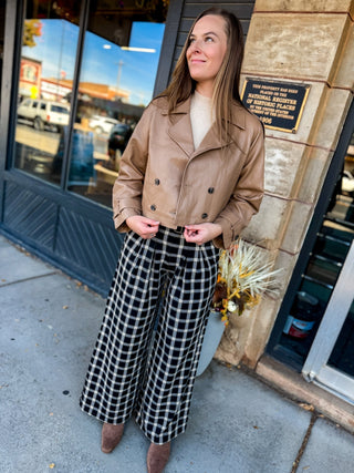 Black plaid wide-leg pants styled with a camel jacket | V-Rae's Boutique