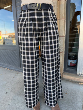 Front view of black and white plaid belted pants | V-Rae's Boutique