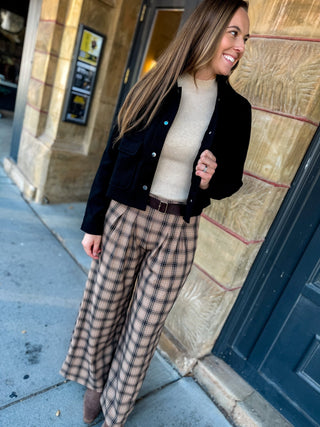 Tan plaid wide-leg pants with a black jacket | V-Rae's Boutique