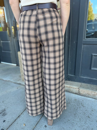 Back view of tan plaid wide-leg pants | V-Rae's Boutique