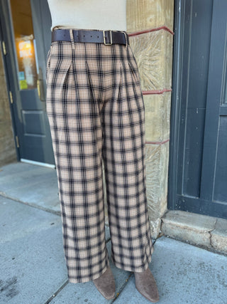 Front view of tan plaid belted wide-leg pants | V-Rae's Boutique