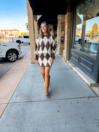Brown argyle sweater and mini skirt set with tall boots | V-Rae's Boutique