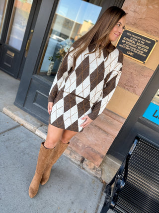 Brown and cream argyle sweater skirt set, side view | V-Rae's Boutique