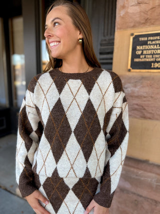 Brown argyle crew neck sweater, front view | V-Rae's Boutique