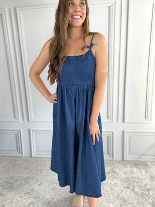 Denim Bow Strap Dress - V - Rae’s Boutique