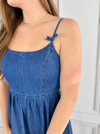 Denim Bow Strap Dress - V - Rae’s Boutique