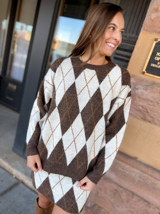 Brown and cream argyle crew neck sweater | V-Rae's Boutique