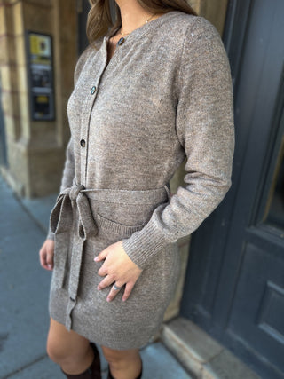 Side view of a taupe belted longline cardigan dress | V-Rae's Boutique