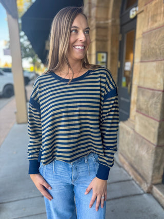 Navy and olive striped open back top, front view | V-Rae's Boutique