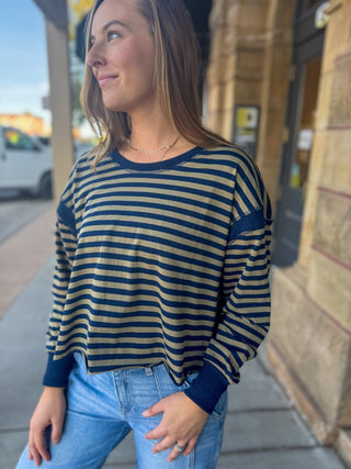 Navy and olive striped open back top | V-Rae's Boutique