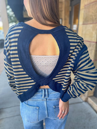 Keyhole open back on a navy and olive striped top | V-Rae's Boutique