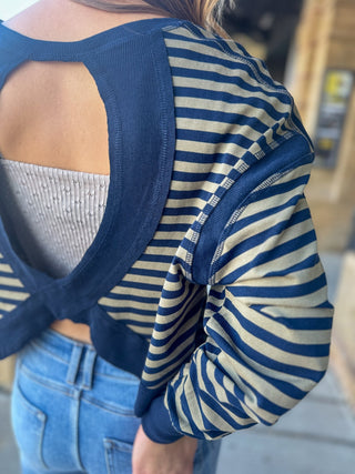 Close-up of the cutout back on a navy striped top | V-Rae's Boutique