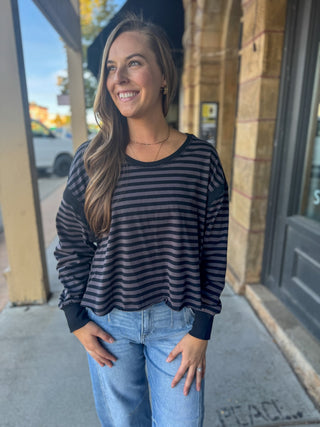 Black and charcoal striped open back top | V-Rae's Boutique
