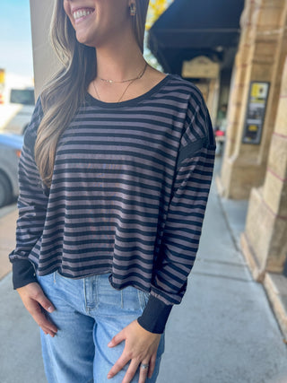 Black and charcoal striped open back top with jeans | V-Rae's Boutique
