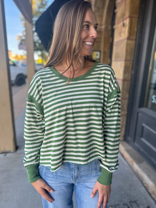 Green and white striped open back top | V-Rae's Boutique