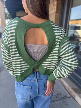 Keyhole open back on a green and white striped top | V-Rae's Boutique