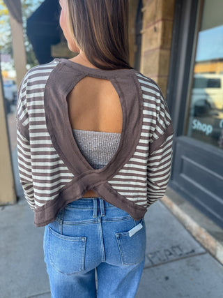 Keyhole open back on a taupe and cream striped top | V-Rae's Boutique