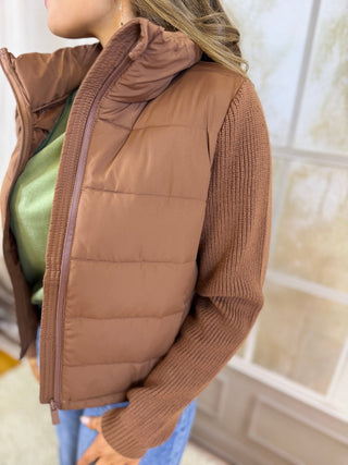 Side view of a brown knit sleeve puffer jacket | V-Rae's Boutique