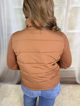 Back view of a brown knit sleeve puffer jacket | V-Rae's Boutique