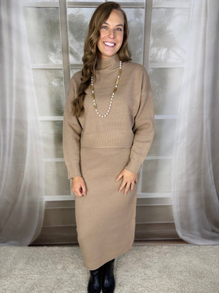 Taupe sweater and maxi skirt set with boots | V-Rae's Boutique