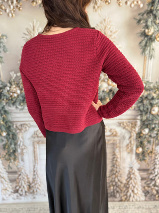 Person wearing a red sweater with a blurred decorative background