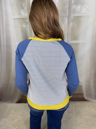 Back view of a blue striped raglan pullover | V-Rae's Boutique