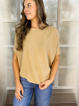 Camel boat neck dolman sweater, angled view | V-Rae's Boutique
