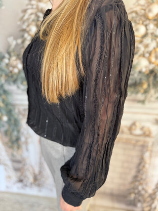 Person wearing a black sheer long-sleeve top with a blurred background