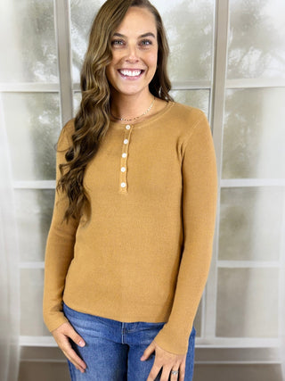 Camel waffle knit henley with jeans | V-Rae's Boutique