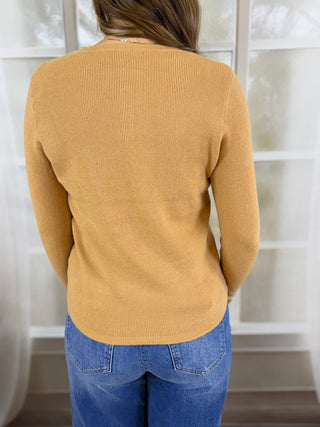 Back view of a camel waffle knit henley | V-Rae's Boutique