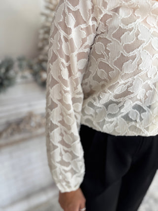 Close-up of a white lace top with long sleeves on a blurred background