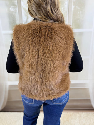 Back view of a brown faux fur vest | V-Rae's Boutique