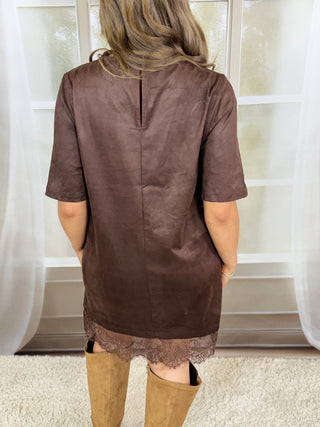 Faux Suede Lace Hem Dress