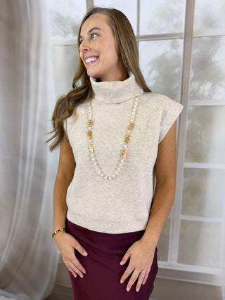 Oatmeal sleeveless ribbed turtleneck sweater top with burgundy skirt | V-Rae's Boutique