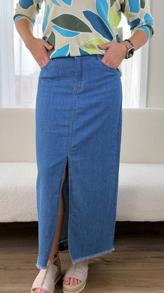 Tribal Denim Maxi Skirt - V - Rae’s Boutique