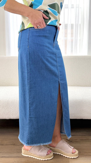 Tribal Denim Maxi Skirt - V - Rae’s Boutique