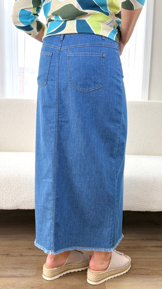 Tribal Denim Maxi Skirt - V - Rae’s Boutique