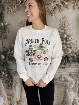 Woman wearing a 'North Pole Christmas Tree Farm' sweatshirt in a decorated room.