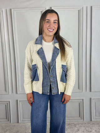 Cream cable knit and denim jacket with wide-leg jeans | V-Rae's Boutique