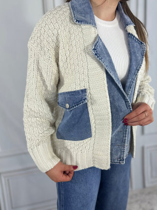 Close-up of denim lapel and pockets on a cable knit jacket | V-Rae's Boutique