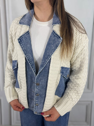 Cream cable knit jacket with denim collar and pockets | V-Rae's Boutique