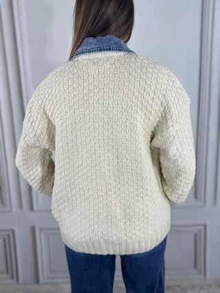Back view of a cream cable knit and denim jacket | V-Rae's Boutique